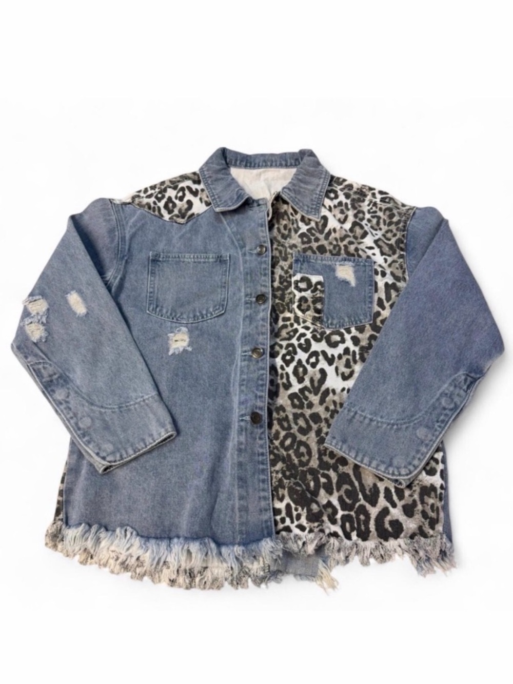 Frayed Hem Distressed Cheetah Denim Jacket Shacket Women’s Small Boho Baddie